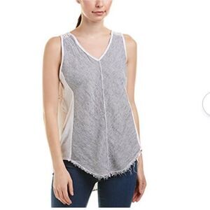 XCVI Linen Tank Top Womens Large V-Neck Eyelet Detail Black/White Stripe Blouse